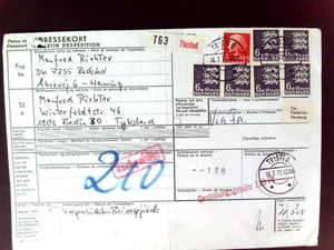 BRIEFMARKEN PAKETKARTE VON DÄNEMARK  NACH BERLIN WINTERFELDTSTR. NACHGEBÜHR 1977 - Bild 1 von 7
