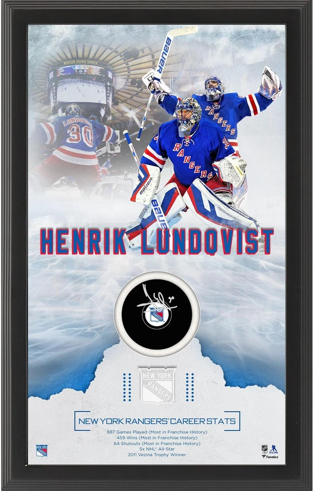 Henrik Lundqvist Rangers FRMD Signed Career Statictic Puck Shadowbox w/Puck - Image 1 of 1