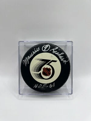 Maurice Richard Signed Inscribed NHL 75th Anniversary Puck W/Case JSA COA - Image 1 of 2