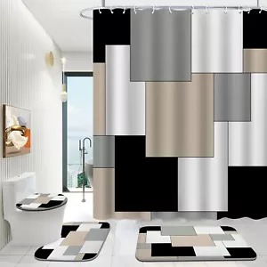 Grey Bathroom Set with Shower Curtain and Rugs 4 Piece Geometric Set Incl Sho... - Picture 1 of 7