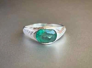 Green Emerald Gemstone Ring Statement Ring 925 Sterling Silver Men's Ring Gift - Picture 1 of 10