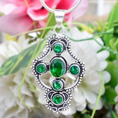 Chrome Diopside Gemstone 925 Sterling Silver Cross Unisex Pendant For Husband - Image 1 of 4