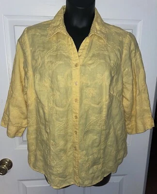 Top Tweeds Mujer Talla Grande 2X Amarillo Lino Bordado Floral 3/4 Slv Botón Usado en Excelente Condición Foto 1 de 4