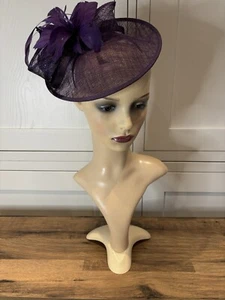 Hat Box Purple Sinamay & Feather Flower And Scroll Disc Occasion Fascinator - Picture 1 of 19