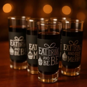 Set of Five (5) 2 oz. Shot Glasses with "Eat Drink And Be Merry" Design, 4" tall - Picture 1 of 12