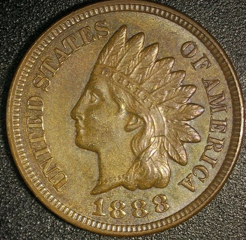1888 Indian Head Cent - BROWN BU - UNCIRCULATED HIGH GRADE - Free Shipping Cover