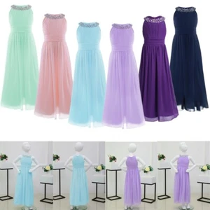 Girls Chiffon Long Dress Princess Pageant Wedding Bridesmaid Birthday Party Gown - Picture 1 of 55