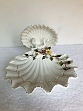Stunning Vintage Italy Italian Hand Painted Flowers Porcelain Clam Shell w/Putto