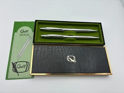 Conjunto de caneta e lápis mecânico vintage QUILL feito nos EUA tom prata - Imagem 1 de 4