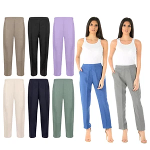 Womens Ladies Work Trousers Elastic Waist Office Smart Pants With Pockets 10-24 - Picture 1 of 28