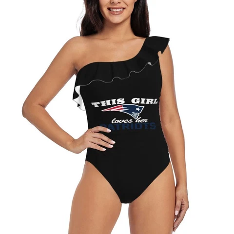 This Girl Loves Her New England Patriots Women's One Shoulder Ruffle Swimsuits Cover