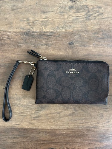 Coach Borsa da polso grande con doppia zip Monogramma firma marrone nero