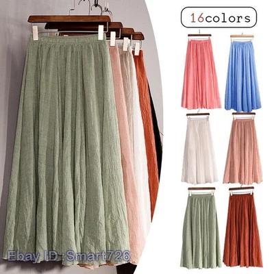 Women's Summer A-Line Stretchy Waist Cotton Linen Long Flowy Skirt Solid Color - Image 1 of 4
