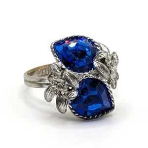 VTG Sarah Coventry Love Story Silver Tone Blue Birthstone Rhinestone Hearts Ring - Picture 1 of 6