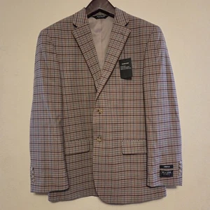 Jos A Bank Traveller Sport Mantel 42R hellbraun grau blau Gingham Karo Wolle Elasthan - Bild 1 von 13