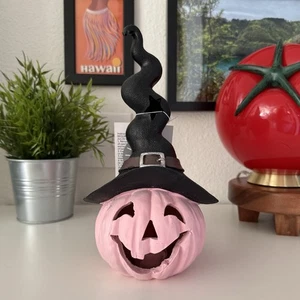 Gruseliger schwarz/rosa Kürbis mit Hexenhut beleuchtet Halloween Figur - Bild 1 von 6