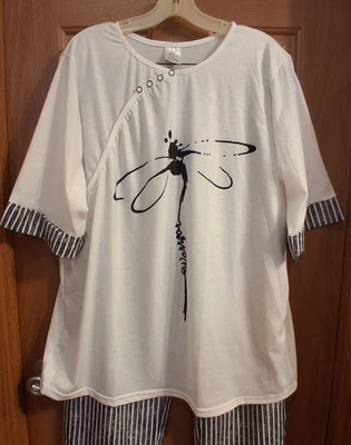 无品牌睡衣短袖白色上衣灰色和白色条纹下装 XXL 码 — 第 1/4 张图片