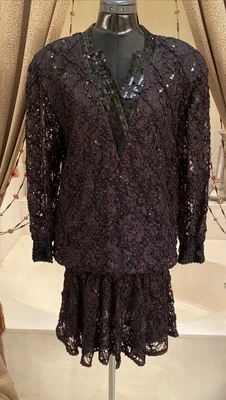 VESTIDO DE NOCHE DE COLECCIÓN LILLIE RUBIN Cinta Años 80’s Cintura Caída LENTEJUELAS NEGRAS S ART DECO Foto 1 de 4