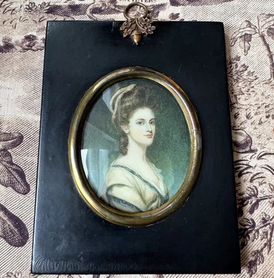 Retrato antigo em miniatura condessa de Oxford pintura emoldurada George Romney? - Imagem 1 de 4