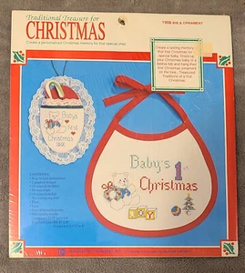 Designs For The Needle 1908 Bib And Ornament New 1991 Baby's First Christmas - Picture 1 of 9
