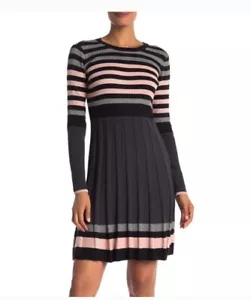 Eliza J Vestido de punto plisado a rayas de manga larga talla S - Imagen 1 de 6