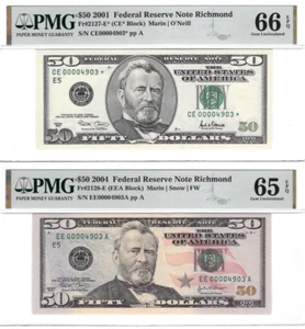 two $50 notes 2001 2004 matching S/Ns switch to colorized PMG one is a star note - Picture 1 of 2
