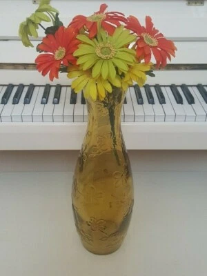 15,5 ДЮЙМА ЯНТАРНО-ЖЕЛТАЯ ТОЛСТАЯ СТЕКЛЯННАЯ НАПОЛЬНАЯ ВАЗА С РЕЛЬЕФНЫМИ НАРЦИССАМИ ДИЗАЙН 5 ФУНТОВ - Изображение 1 из 4