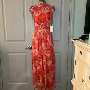 Vince Camuto Women's Orange Floral Smocked waist sleeveless Maxi Dress size 8 - Picture 1 of 4
