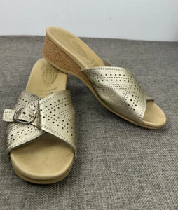 Worishofer Gold Leather Cork Wedge Sandals Slides Shoes Sz US 9 EUR 41 Germany - Picture 1 of 9