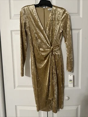 NWT CALVIN KLEIN CRUSHED VELVET WRAP LONG SLEEVE SHEATH DRESS SIZE 4 GOLD YELLOW - Image 1 of 4