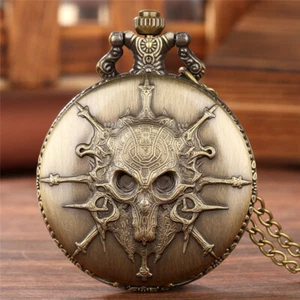 Bronze Carved Skull Design Antique Quartz Pocket Watch for Men Women Long Chain - Picture 1 of 14