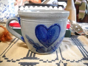 Vintage 1987 Eldreth Pottery Large Salt Glazed Mug Cup with Cobalt Blue Heart - Picture 1 of 4