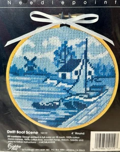 Golden Bee Hooplas Needlepoint DELFT Blue BOAT SCENE 4" Round Kit NIP #10119 - Picture 1 of 3