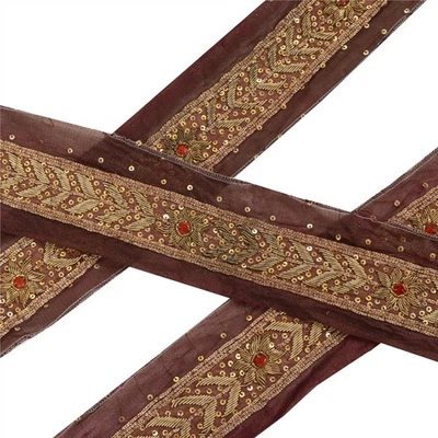 Sanskriti Vintage 1 YD Sari Border Antique Hand Beaded Craft Ribbon Wine Lace - Image 1 of 4