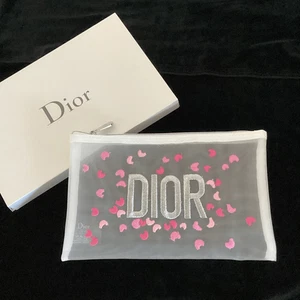 Christian Dior New W/ Box Mesh Zip Pouch White Pink Hearts Limited Edition GWP - Picture 1 of 8