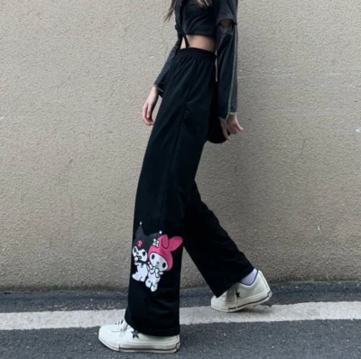 Women's Kuromi Melody Print Pants Black Harajuku Cartoon Leisure Trouser Pants - Image 1 of 4