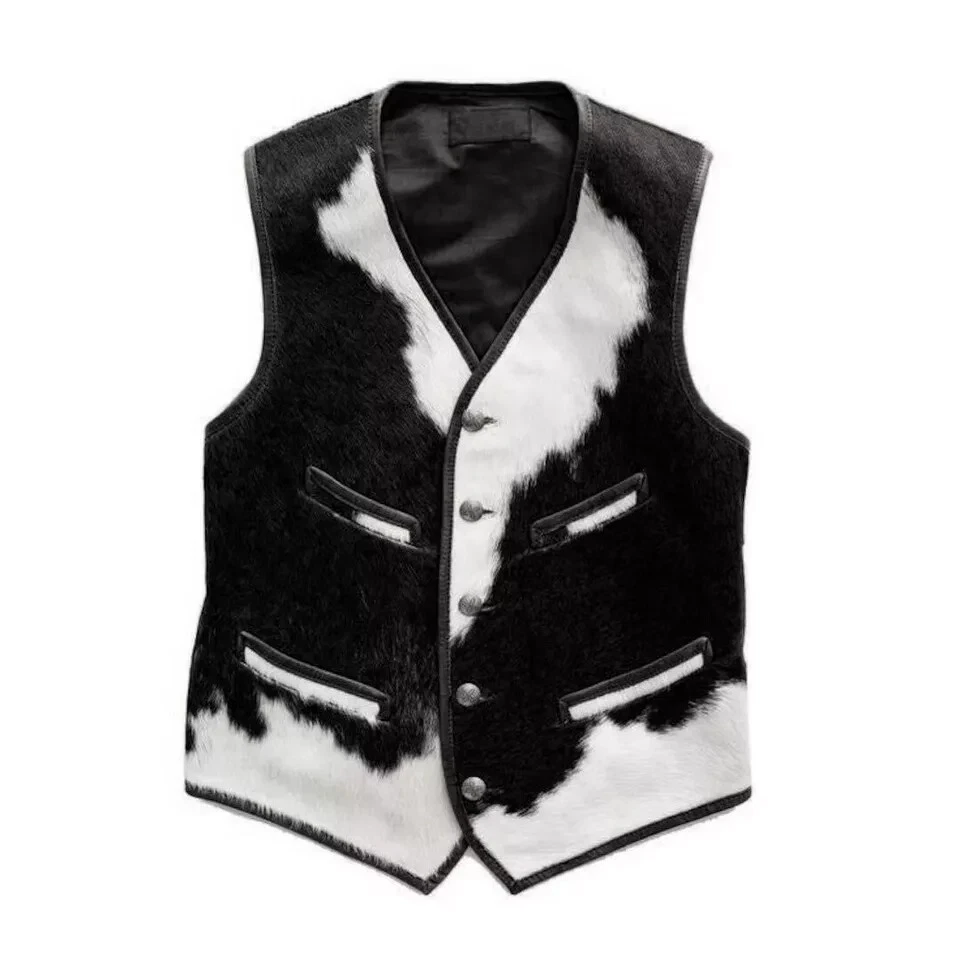 Genuine Cowhide Leather Vest - Natural Hair on Real Fur Western Rodeo Waistcoat - Image 1 of 1
