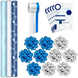Hallmark Blue and Silver Wrapping Paper Set 3 Rolls DAMAGED PACKAGING - Picture 1 of 11
