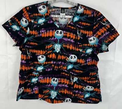 Disney Halloween Jack Skellington 100% Cotton Nursing Scrub Top Women Size 2XL - Image 1 of 4