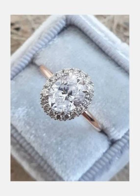 Anillo de compromiso para mujer de diamantes creados en laboratorio de corte ovalado de 2 quilates de oro rosa de 14 quilates Foto 1 de 3