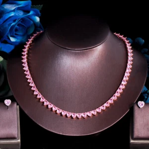 Rose Gold Plated Pink Heart CZ Tennis Necklace Earrings Women Bridal Jewelry Set - Picture 1 of 11