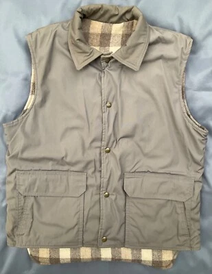 Antigo Colete Reversível de Lona/Lã Woolrich Anos 80 L 46 Taupe/Crm/Marrom Xadrez BOM EUA - Imagem 1 de 4