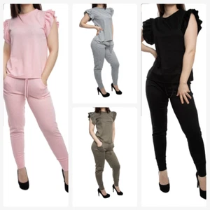 Women's Frill Ruffle Peplum Sleeve Top Bottom Ladies Lounge Wear Set Tracksuit - Picture 1 of 11