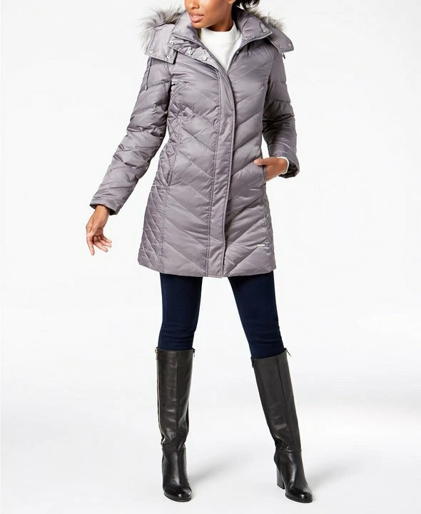 Kenneth Cole Faux-fur-trim Down cheveron puffer coat Size XXL in Grey BNWT - Image 1 of 1