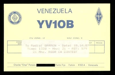 1 x QSL Card Radio Venezuela YV1OB 1987 ≠ A198 - Image 1 of 2