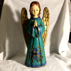 Ángel de papel de oración maché vintage MCM Japón 12" azul verdoso ~ alas doradas EXCELENTE - Imagen 1 de 6