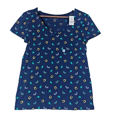 Loft Outlet T-Shirt Women XS Navy Good Luck Print Short Sleeve V-Neck Blouse NWT - Image 1 of 4