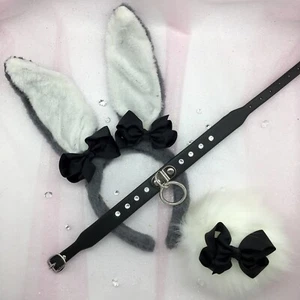 Maßgeschneidert Schwarz Grau Hase Kaninchen Set BDSM DDLG PetPlay Ohren Halsband Schwanz - Bild 1 von 1