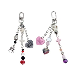 Mysterious Gothic Key Chain Skull Heart Cross Bead Pendant Keychain Accessory - Picture 1 of 9