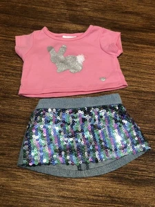 Build A Bear Pink & Silver Glitter Bunny Top Shirt & Denim w Sequins Skirt - Picture 1 of 4